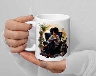 Black Women Reading Mug, Black Woman Mug, African American Illustration, Mugs for Women, 11oz, 15oz, 20oz, Holiday Gifts, White Glossy Mug