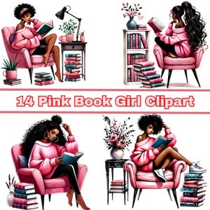 Book Lover Clipart, Black Woman Pink Watercolor Cozy Clipart,  Books Clipart, Coffee Clipart, Melanin Girl, African American Clipart