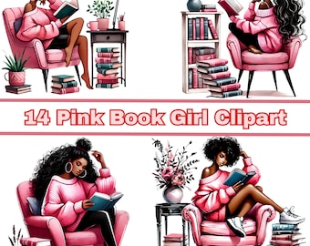 Book Lover Clipart, Black Woman Pink Watercolor Cozy Clipart,  Books Clipart, Coffee Clipart, Melanin Girl, African American Clipart
