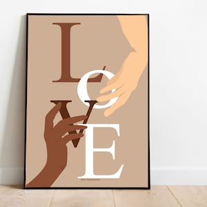 Interrassisches Paar Hände Wandkunst, druckbare Wandkunst, Liebe Typografie Schlafzimmer Kunst, abstrakte Kunst, minimalistische Kunst, digitale Kunst
