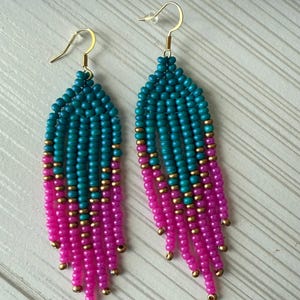Handmade Beaded fringe earrings pink teal gold