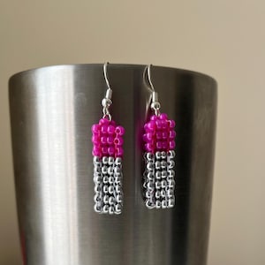 Beaded earrings handmade cubic pillar silver  pink