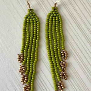 Handmade earrings Beaded fringe earrings green gold  long bead earrings
