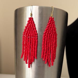 Handmade earrings Beaded fringe earrings red jewelry