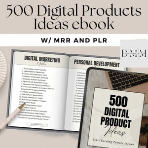 Op de afbeelding: Een open boek met de titel "500 Digital Products Ideas ebook" en de ondertitel "W/ MRR AND PLR". Het boek is open op twee pagina's, een met de titel "Digital Marketing Niche" en de andere met de titel "Personal Development".