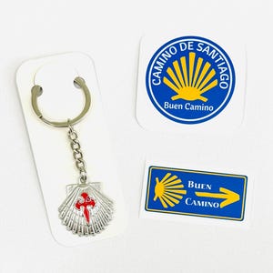 Camino de Santiago Sticker and Scallop Shell with St James Cross Keychain Bundle  Buen Camino Pilgrim Gift for Hikers Travelers Spain