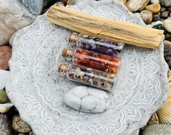 Calm Crystals Set, Boho Spiritual Decor, Grounding Accessories, Palo Santo Energy Cleanse, Gemstone Bottles, Purple Stone Chips, Red Accents