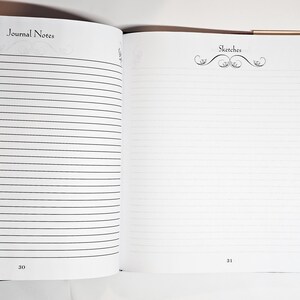 Puede incluir: Un diario abierto con p&aacute;ginas blancas que presentan l&iacute;neas horizontales negras. La p&aacute;gina izquierda est&aacute; encabezada por Journal Notes con el n&uacute;mero 30 en la parte inferior. La p&aacute;gina derecha tiene el t&iacute;tulo Sketches con un adorno y el n&uacute;mero 31.