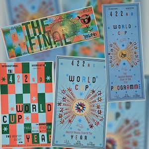 May include: A collection of vintage-style posters and tickets with a retro design. The text includes "The Final", "World Cup", and "Programme". The color palette features shades of blue, orange, and green, with star and sunburst motifs.