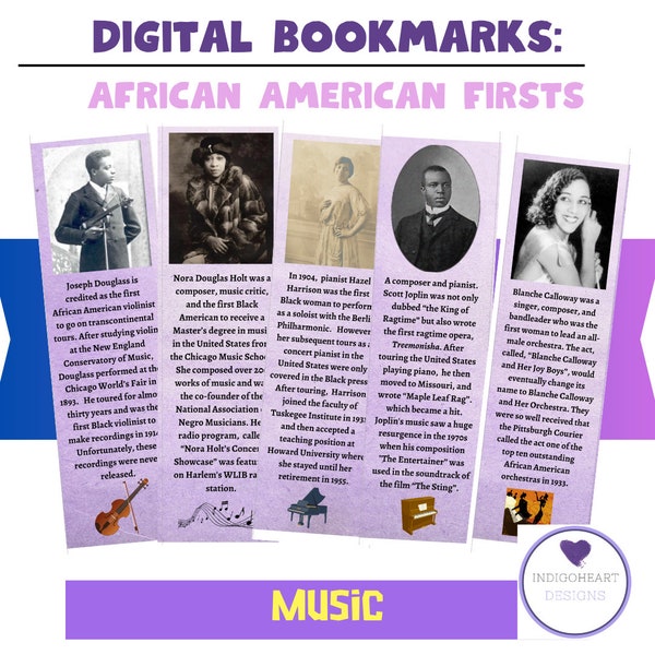 African American Firsts Bookmarks | Music | Black History Month | Printable | Digital Download Bookmarks