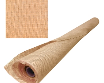 May include: A roll of natural brown burlap fabric. The fabric is woven with a loose, open weave and has a rough texture.