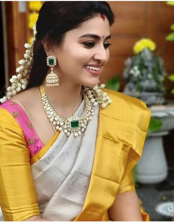 Yellow White Colour Kanchipuram Silk Saree Wedding Wear Etsy Uk