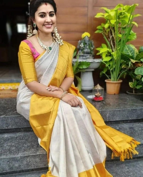 Yellow White Colour Kanchipuram Silk Saree Wedding Wear Etsy