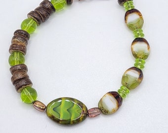 Asymmetrical Bracelet, Green and Brown Bracelet, Earthy Bracelet, Green Glass and Coconut Bead Bracelet