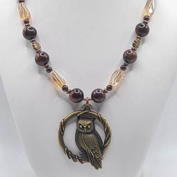 Dark Red Tiger Eye Gemstones with Champagne Crystals and Garnet Necklace, Owl Pendant Necklace, Wise Old Owl Necklace