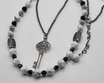 Antique Key Necklace, Skeleton Key Necklace, Two Strand Boho Key Necklace, Black, White and Gray Necklace