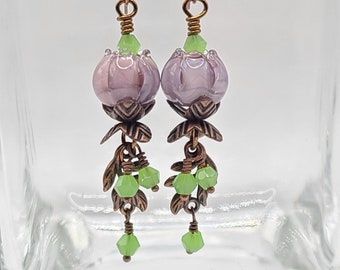 Lavender Flower Earrings, Purple Botanical Earrings, Lampwork Glass Floral Earrings, Bohemian Whimsical Flower Earrings