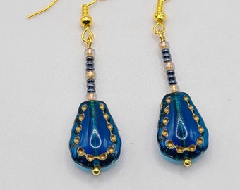 Cobalt Blue Drop Earrings, Deep Blue Earrings, Blue and Gold Teardrop Earrings