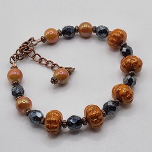 7 Inch Black and Orange Bracelet, Czech Glass Melon Bead Jewelry, Fall Autumn Accessory