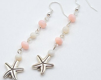 Pink and White Shell and Starfish Dangle Earrings, Starfish Dangle Earrings, Dainty Shell Earrings, Long Shell Dangle Earrings