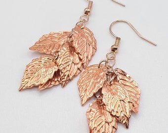 Rose Gold Leaf Earrings, Cluster Leaf Earrings, Lightweight Falling Leaf Earrings