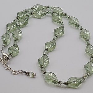 Elegant Twisted Light Green Luster Sage Necklace, Luxurious Handmade Czech Glass Jewelry