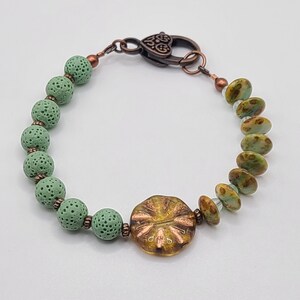 Handmade Asymmetrical Lava Rock Bracelet in Mint Green and Brown for Boho Style