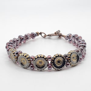 Unique Black and Purple Floral Glass Bracelet Sparkly Handmade Jewelry