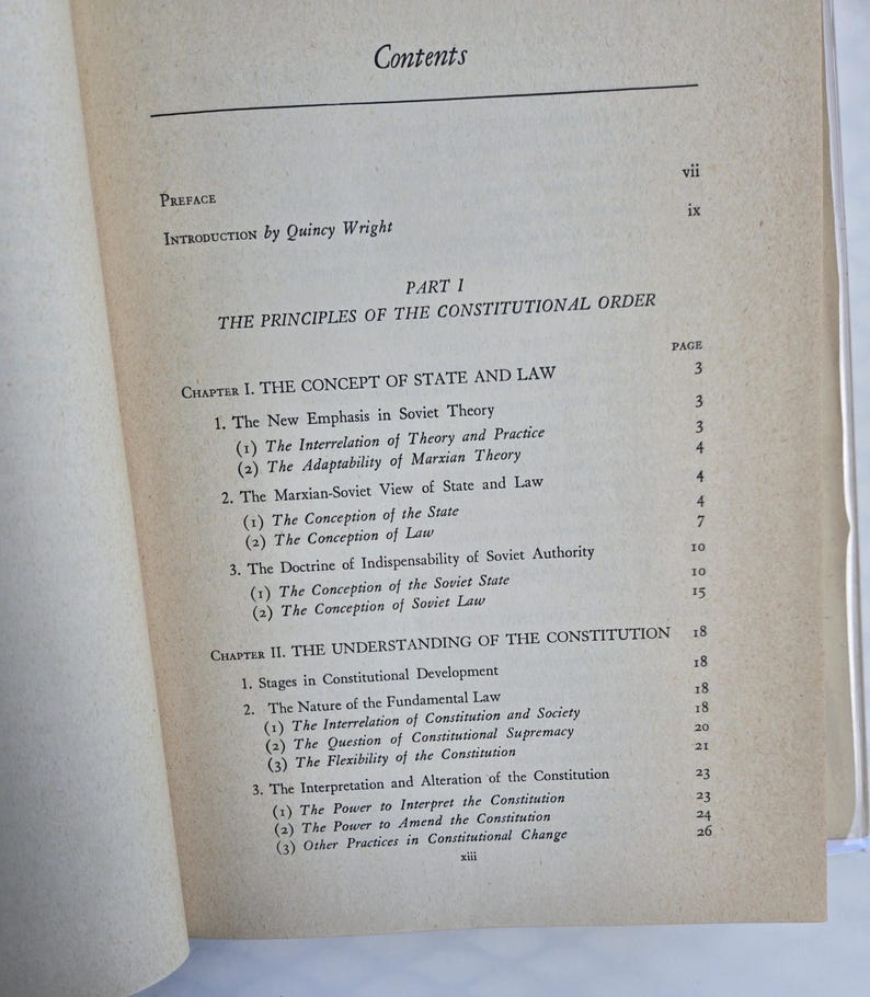 May include: Open book displaying a detailed table of contents. The title "Contents" is at the top, followed by "Preface" and "Introduction by Quincy Wright." The text outlines chapters on constitutional principles and Soviet theory.