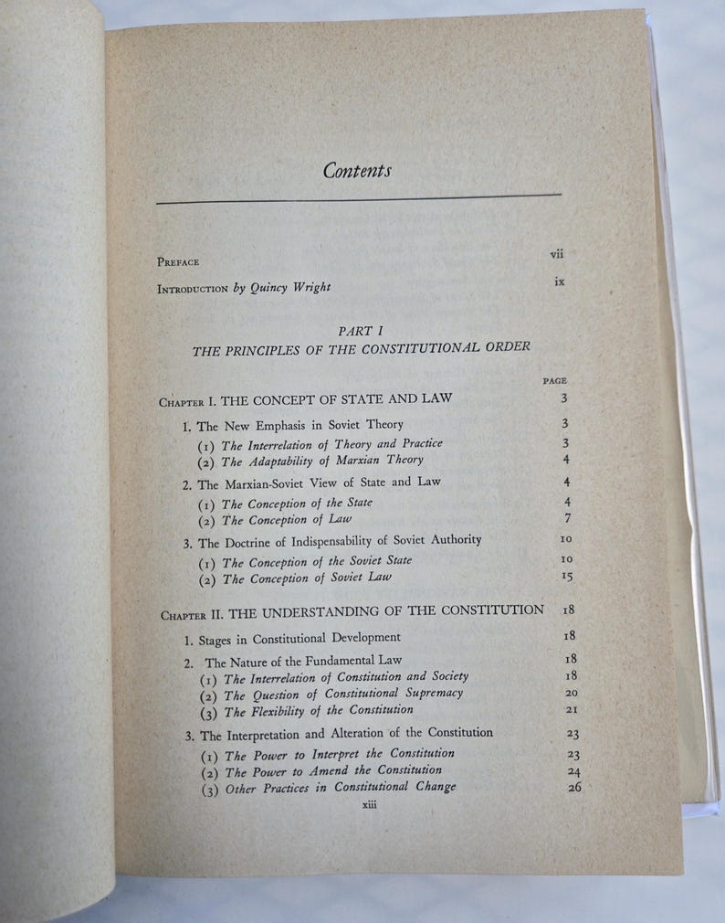 May include: Open book displaying a table of contents. The text includes "Preface", "Introduction by Quincy Wright", and "The Principles of the Constitutional Order". The page numbers are visible. The book is open on a light-colored surface.