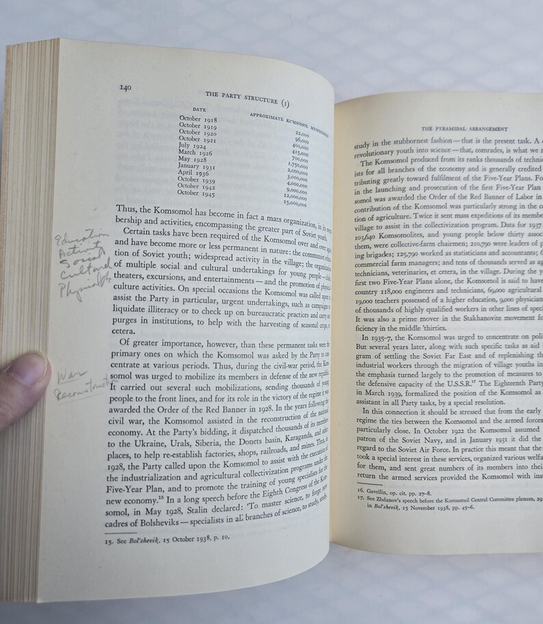 May include: Open book with text and a handwritten note. The page displays a list of dates and figures under the heading "The Party Structure (I)". The text discusses the Komsomol's role in Soviet society and its activities.