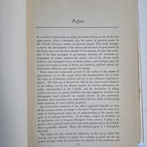 May include: Open book page with the title "Preface" at the top. The text is in black font on a light beige paper. The text describes the study of the Soviet Union's political power and government structure over three decades. The page is slightly angled.