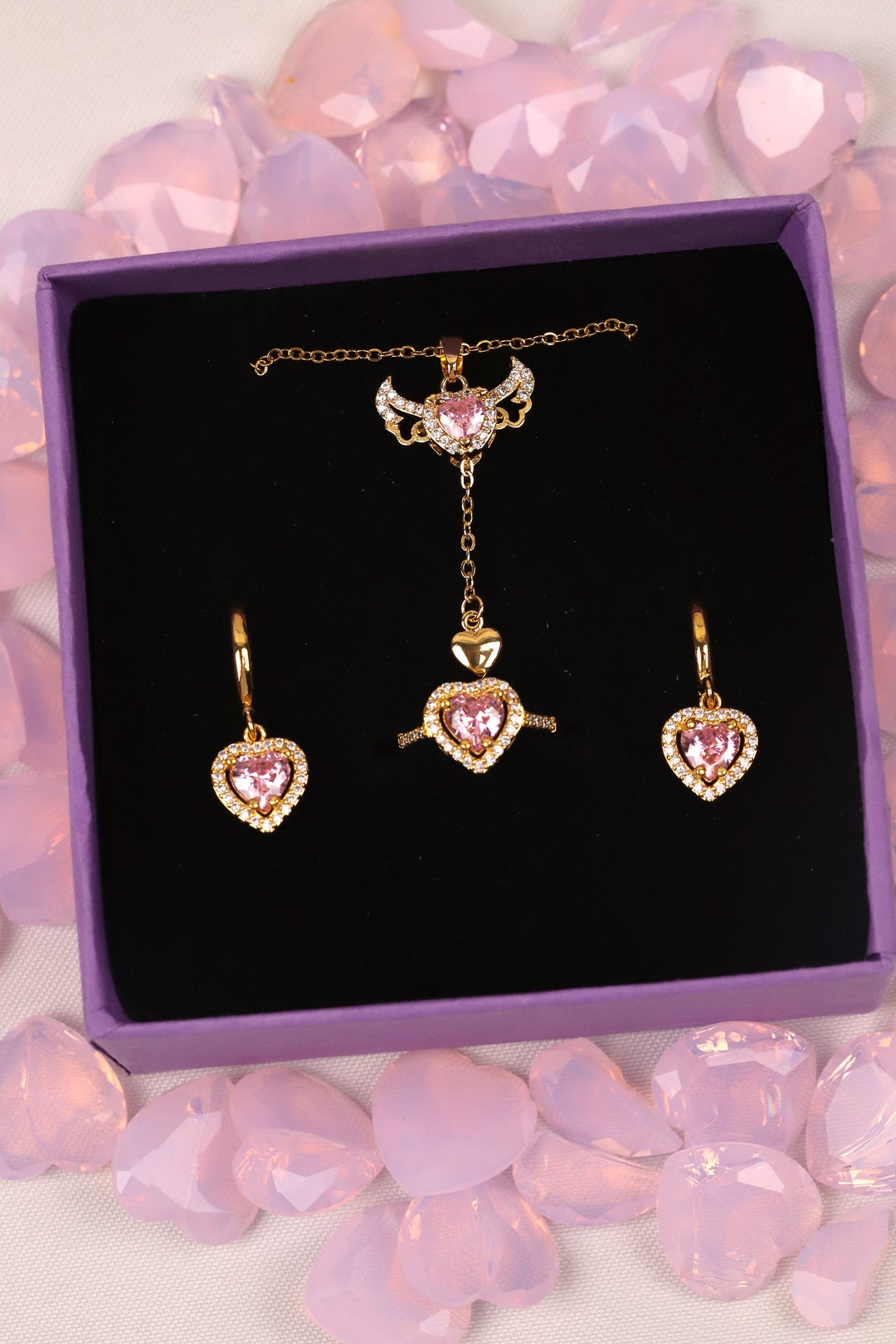 Angel Wing Pink Heart Crystal Necklace Set Romantic and Etsy