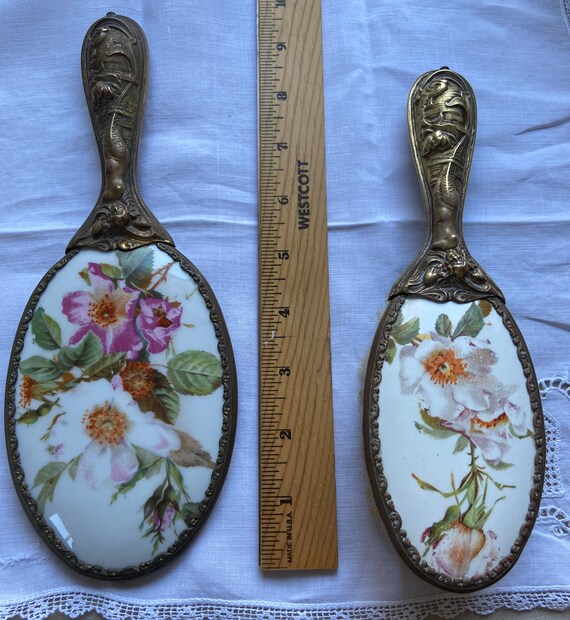 Antique hand mirror and brush set Gem