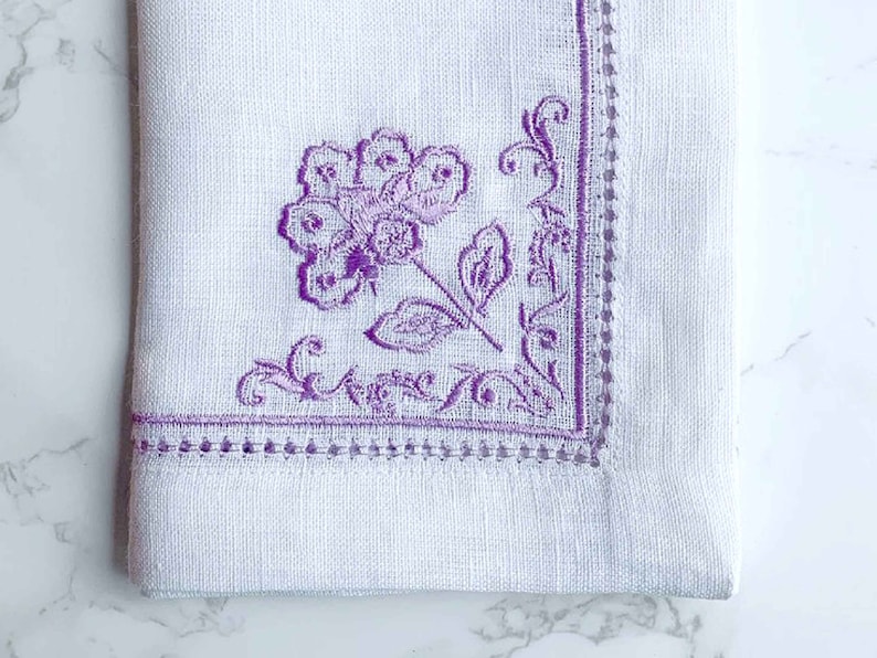 Mary DiSommas White Linen Dinner Napkins with Floral Embroidery, Hemstitch and Eyelet Edging in Blue, Teal, Moss Green, Lavender Set of 4 image 4