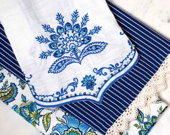 Mary DiSomma’s Luxe Decorative Tea Towel Set: Floral Print, Navy Blue Stripe Weave with Lace Border, Embroidered Linen, Decorative Beading