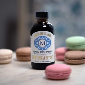 Cognac Barrel-aged Madagascar Bourbon Pure Vanilla Extract with French macarons from Mary DiSomma's Cookbook