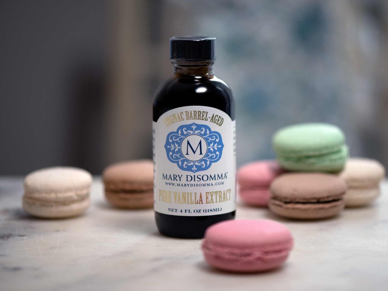 Cognac Barrel-aged Madagascar Bourbon Pure Vanilla Extract with French macarons from Mary DiSomma's Cookbook
