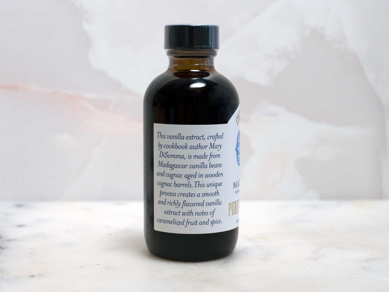 Mary DiSomma's Artisanal Cognac Barrel-aged Madagascar Bourbon Pure Vanilla Extract adds hints of caramelized fruit and spice to your baking recipes.
