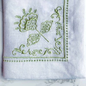 Mary DiSommas White Linen Dinner Napkins with Floral Embroidery, Hemstitch and Eyelet Edging in Blue, Teal, Moss Green, Lavender Set of 4 image 5