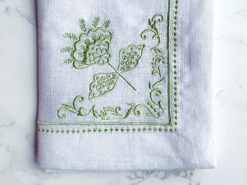 Mary DiSommas White Linen Dinner Napkins with Floral Embroidery, Hemstitch and Eyelet Edging in Blue, Teal, Moss Green, Lavender Set of 4 image 5