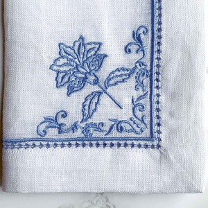Mary DiSommas White Linen Dinner Napkins with Floral Embroidery, Hemstitch and Eyelet Edging in Blue, Teal, Moss Green, Lavender Set of 4 image 3