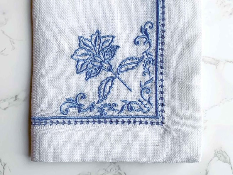 Mary DiSommas White Linen Dinner Napkins with Floral Embroidery, Hemstitch and Eyelet Edging in Blue, Teal, Moss Green, Lavender Set of 4 image 3