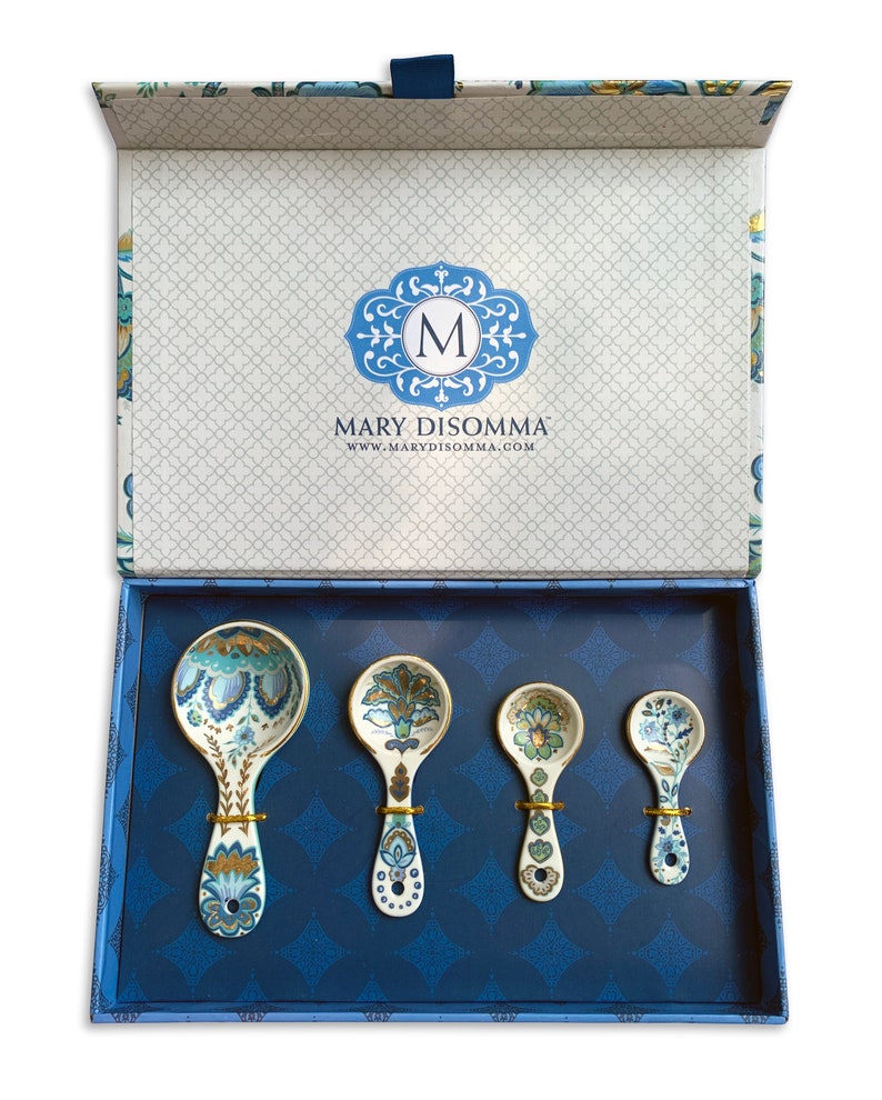 Mary DiSomma's boxed gift set of measuring spoons is the best gift for a serious baker or home cook. Comes in a beautifully decorated box with fabric tie.