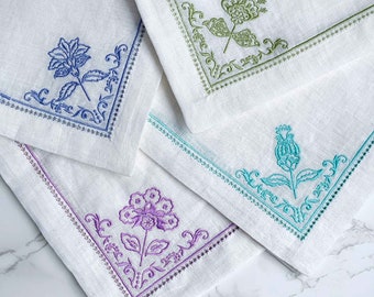 Mary DiSomma’s White Linen Dinner Napkins with Floral Embroidery, Hemstitch and Eyelet Edging in Blue, Teal, Moss Green, Lavender | Set of 4