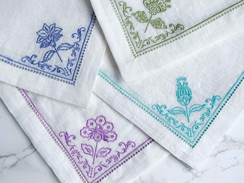 Mary DiSommas White Linen Dinner Napkins with Floral Embroidery, Hemstitch and Eyelet Edging in Blue, Teal, Moss Green, Lavender Set of 4 image 1