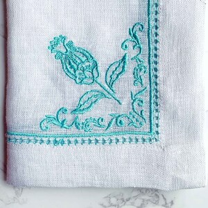 Mary DiSommas White Linen Dinner Napkins with Floral Embroidery, Hemstitch and Eyelet Edging in Blue, Teal, Moss Green, Lavender Set of 4 image 6