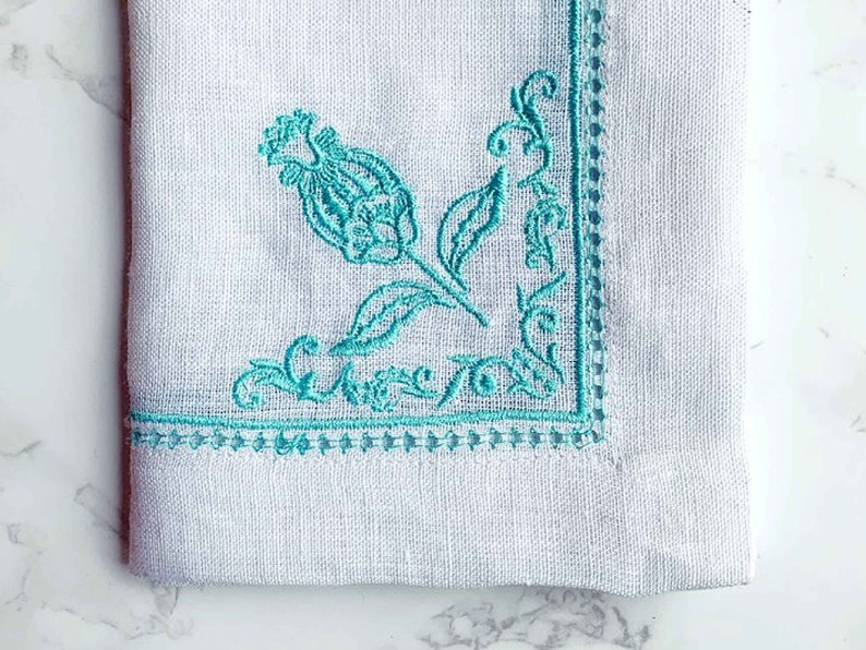 Mary DiSommas White Linen Dinner Napkins with Floral Embroidery, Hemstitch and Eyelet Edging in Blue, Teal, Moss Green, Lavender Set of 4 image 6