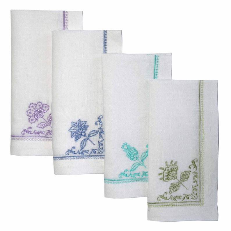 Mary DiSommas White Linen Dinner Napkins with Floral Embroidery, Hemstitch and Eyelet Edging in Blue, Teal, Moss Green, Lavender Set of 4 image 2