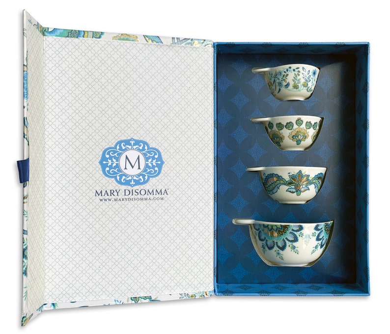 Each gift box set of nested ceramic measuring cups is beautifully decorated with unique patterns and tied with a fabric ribbon. No need for adding more gift wrap.